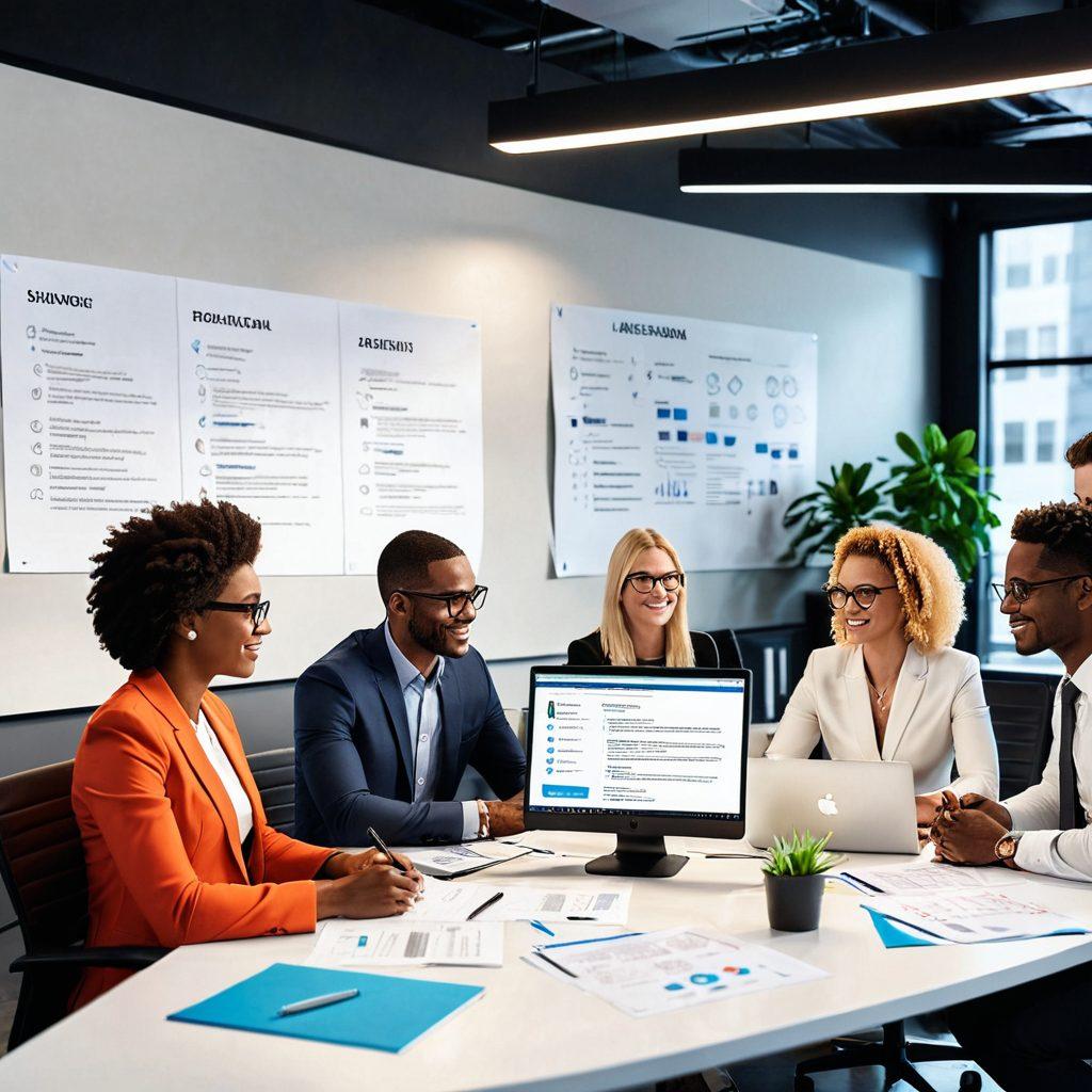 A diverse group of professionals in a sleek, modern office setting, collaborating around a desk filled with resumes, laptops, and interview notes. A roadmap in the background highlights various stages of career growth with icons representing different administrative roles. Bright lighting and an optimistic atmosphere. super-realistic. vibrant colors.