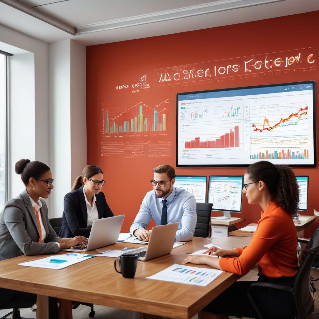 An elegant office setting with a diverse group of professionals engaged in discussions and typing on laptops, with job postings and resumes scattered on a large conference table. Include visuals of growth charts and success symbols on walls. Highlight a confident individual spotlighted, reviewing a job offer with contentment. super-realistic. vibrant colors.