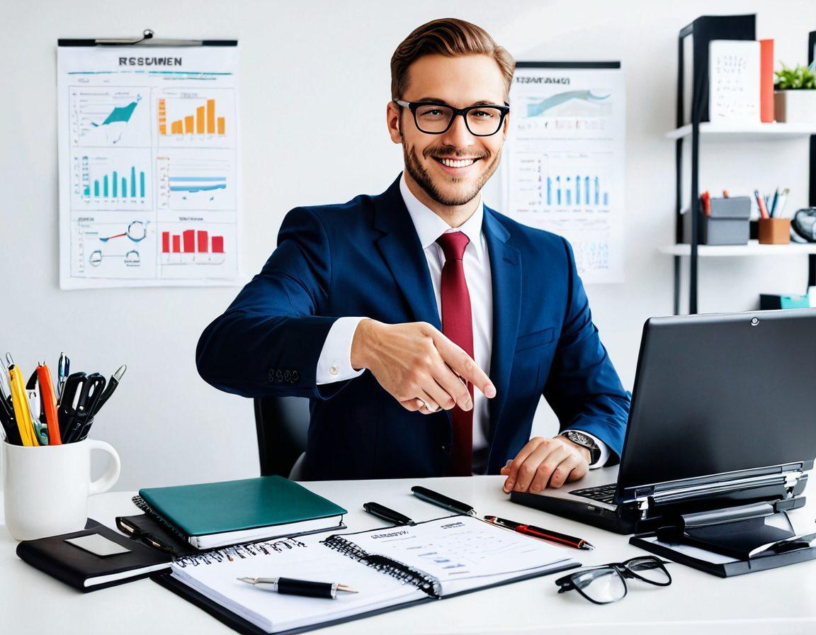 A professionally dressed individual confidently shaking hands in a modern office setting, surrounded by tools of the trade like a laptop, planner, and coffee cup, symbolizing preparedness and efficiency. The background should include subtle job-related icons such as briefcases, resumes, and checkmarks to enhance the theme. super-realistic. vibrant colors. white background.